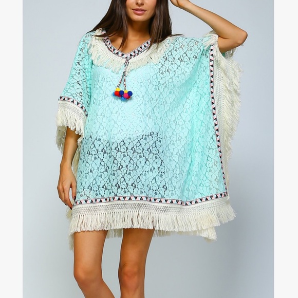 Velzera Tops - OS Boho Mint Aqua Multi Sheer Lace Poncho Coverup